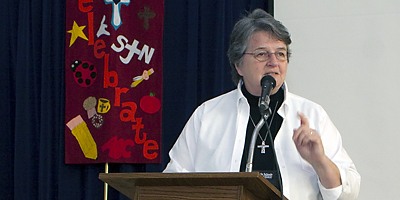 Notre Dame Sister Julia Hutchison speaks in March at the S.C. Catholic Schools Teachers Conference 2010. She has served as diocesan superintendent of Catholic schools for five years. (Kenneth B. Headley)