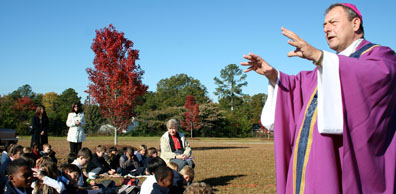 Bishop Guglielmone talks to St. Peter School students