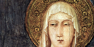 Detail depicting Saint Clare from a fresco (1312–20) by Simone Martini in the Lower basilica of San Francesco, Assisi.